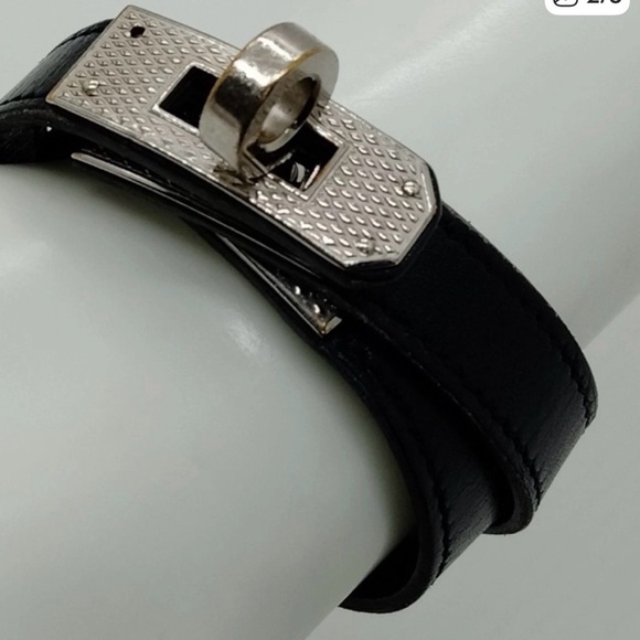 Hermes Double Tour Black Leather/ Silver Twist Lock Clasp Bracelet - Picture 2 of 5